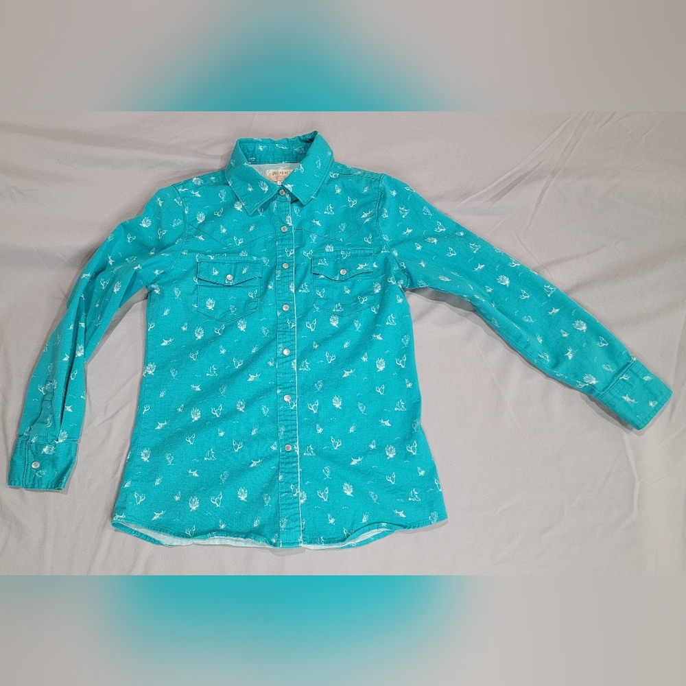 Teal Button-Up Shirt with White Pattern